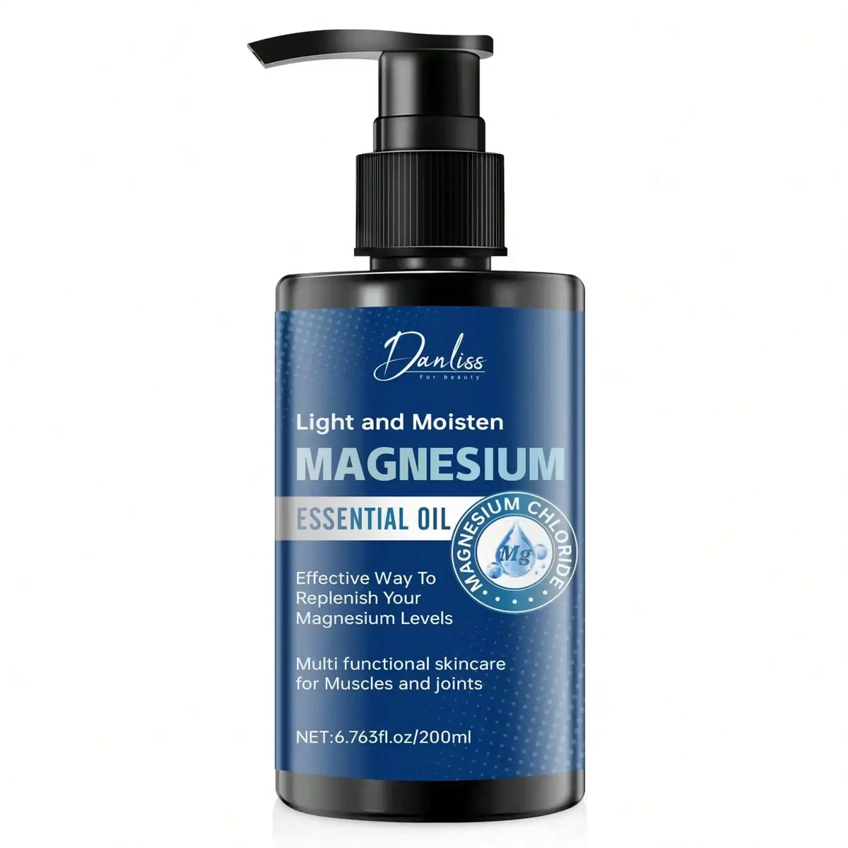 Daniss magnesium essential oil in a sleek dark blue bottle with black pump enhances skin softness and muscle care