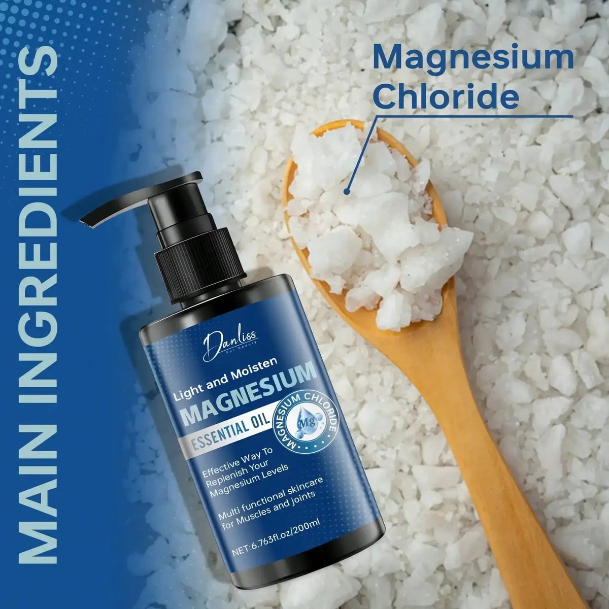 Danlis magnesium essential oil in a sleek black pump bottle with blue labeling enhances skin softness and soothes muscles