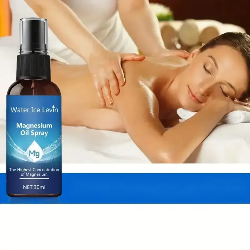 Dark amber glass bottle of magnesium oil spray with black nozzle and blue label for moisturizing 30ml use