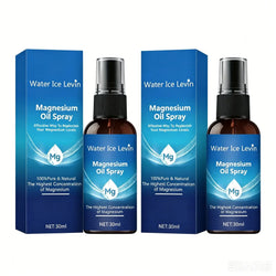 Magnesium oil spray moisturizing 30ml in amber glass bottles with black spray nozzles packaged in blue boxes with water droplet design