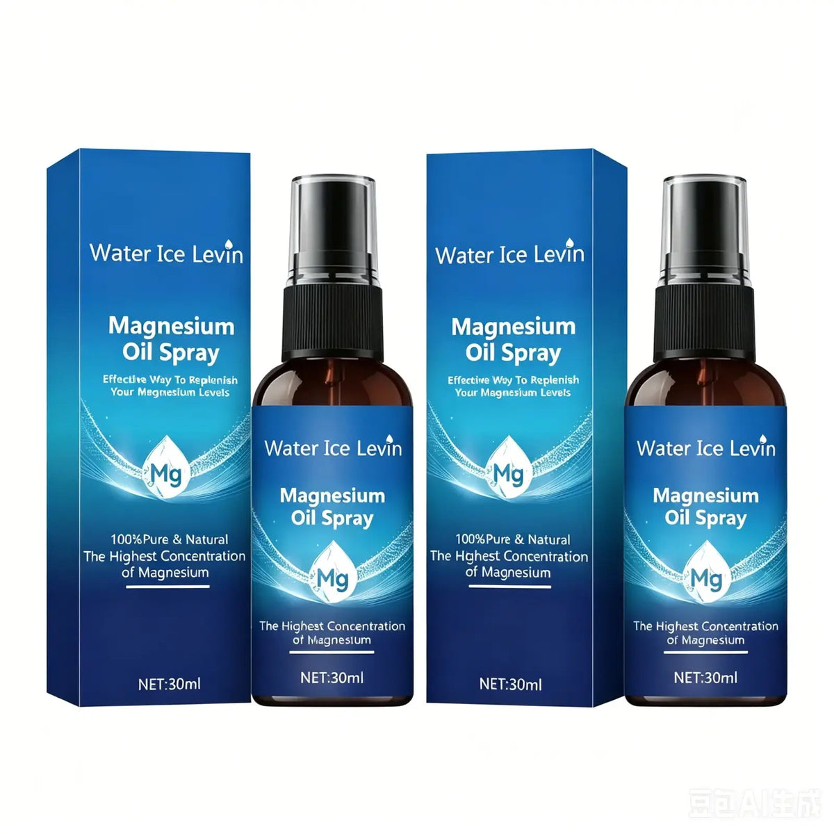 Magnesium oil spray moisturizing 30ml in amber glass bottles with black spray nozzles packaged in blue boxes with water droplet design