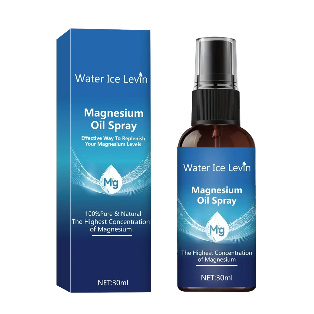 Magnesium oil spray moisturizing in a sleek blue 30ml bottle with black spray nozzle for skin hydration