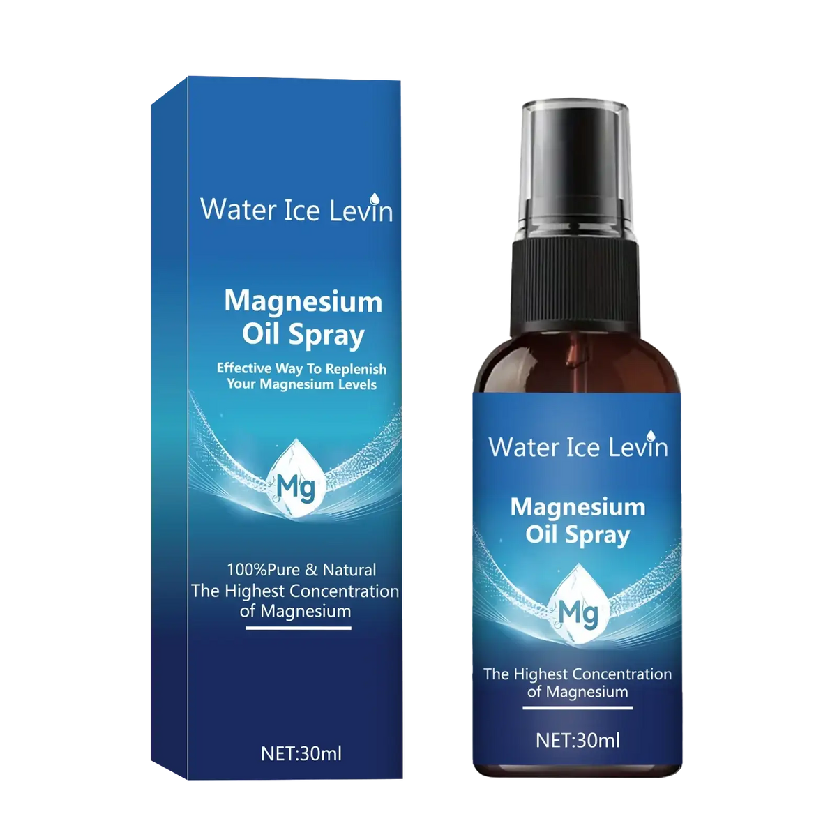 Magnesium oil spray moisturizing in a sleek blue 30ml bottle with black spray nozzle for skin hydration