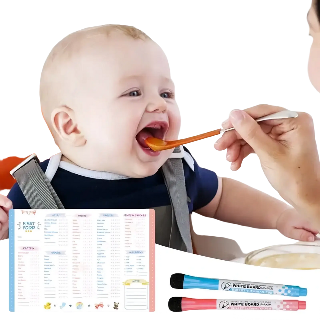 Orange silicone spoon being fed to a baby as part of the magnetic baby first foods chart and feeding tracker use-case