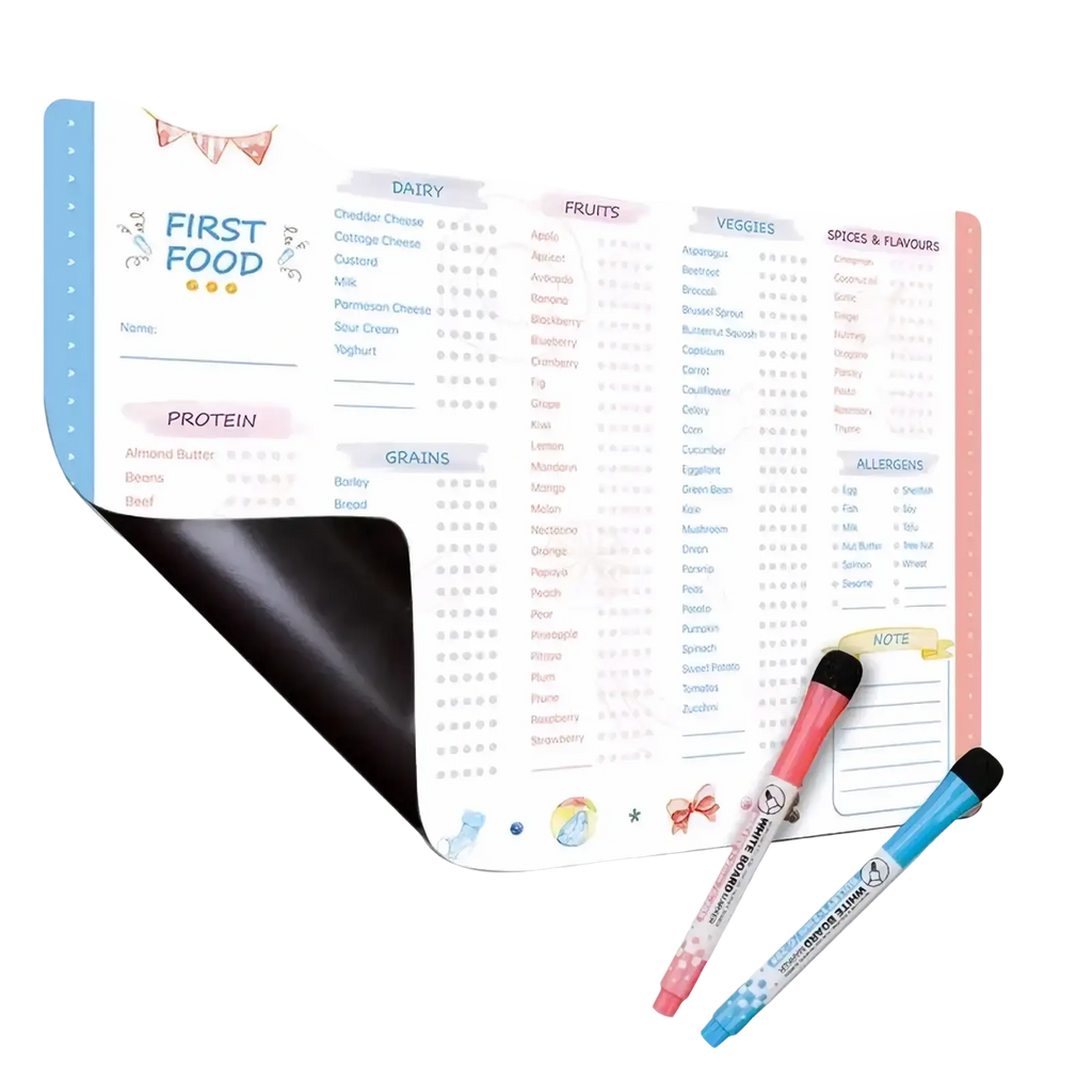 Pastel-colored magnetic baby first foods chart with labeled sections for dairy fruits veggies protein grains and spices