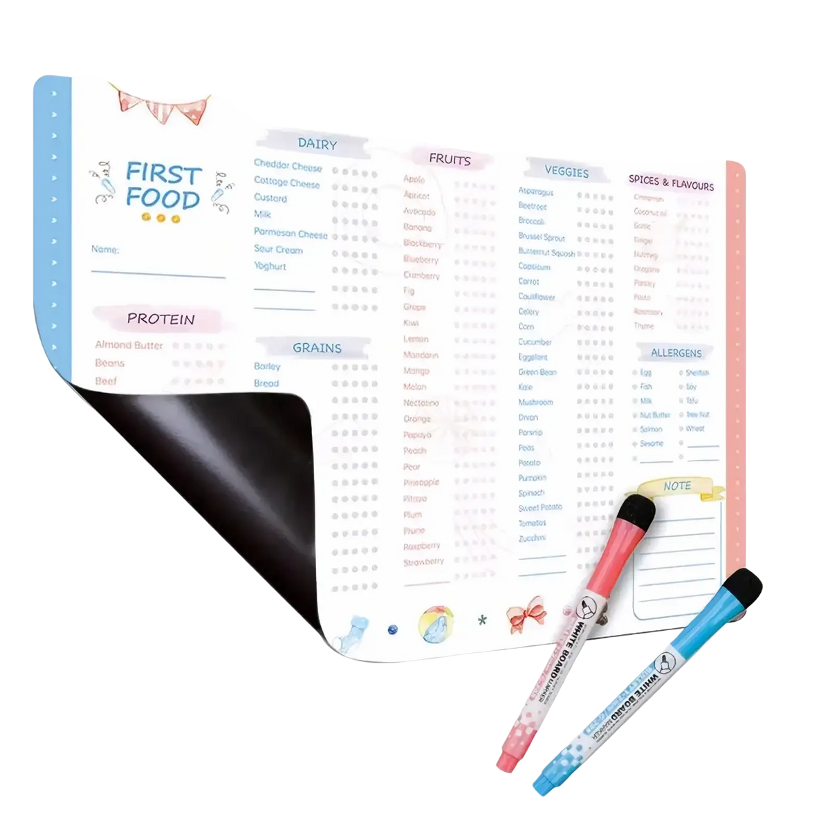 Pastel-colored magnetic baby first foods chart with labeled sections for dairy fruits veggies protein grains and spices