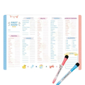 Magnetic baby first foods chart and feeding tracker with pastel colors, cute illustrations, and two pink and blue marker pens
