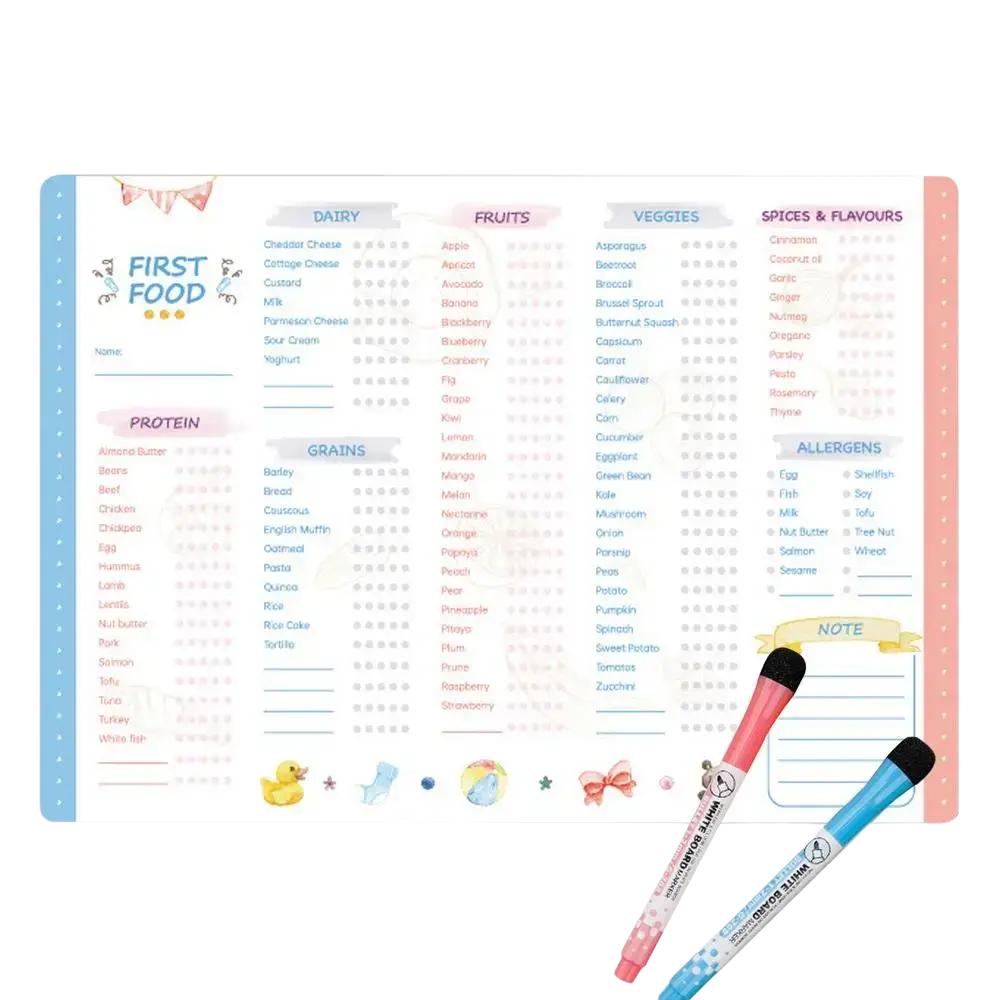 Magnetic baby first foods chart and feeding tracker with pastel colors, cute illustrations, and two pink and blue marker pens