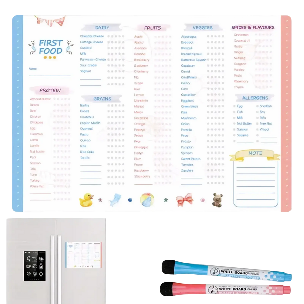 Pastel-colored magnetic baby first foods chart and feeding tracker with cute animal illustrations and star checkboxes