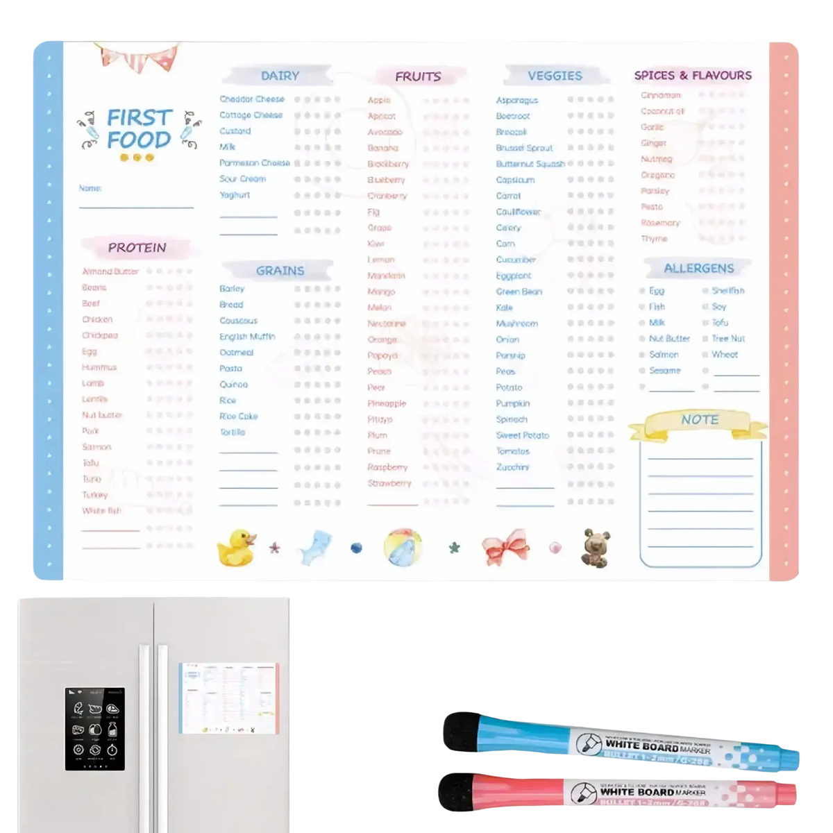 Pastel-colored magnetic baby first foods chart and feeding tracker with cute animal illustrations and star checkboxes