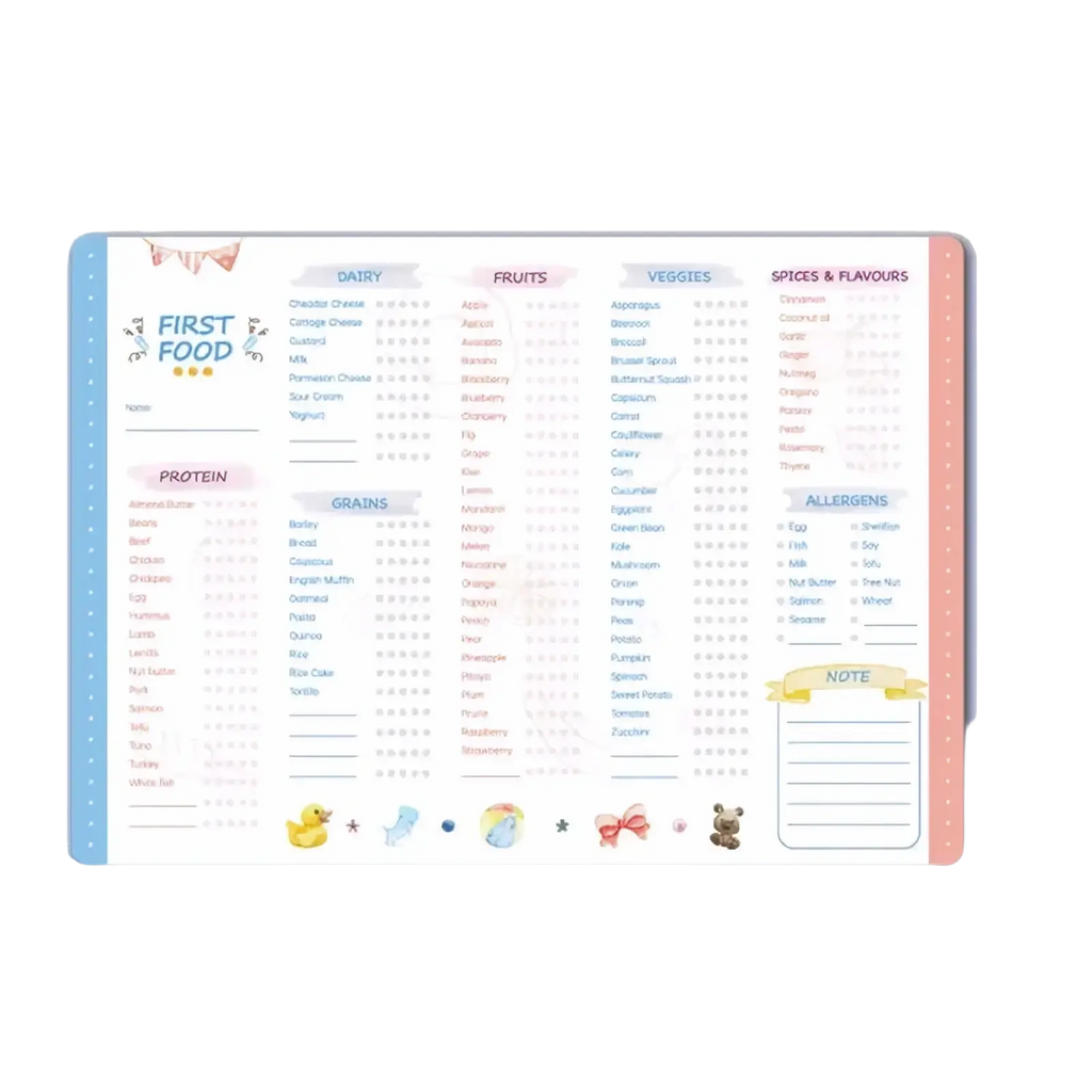 Magnetic baby first foods chart and feeding tracker in pastel pink and light blue with star ratings and animal illustrations
