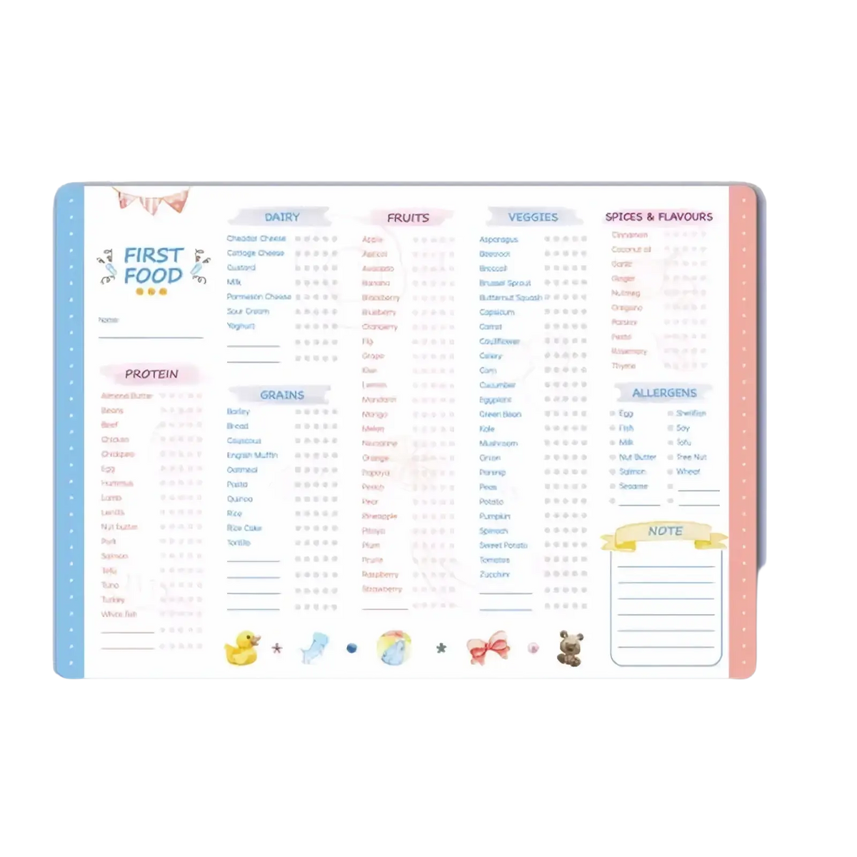 Magnetic baby first foods chart and feeding tracker in pastel pink and light blue with star ratings and animal illustrations