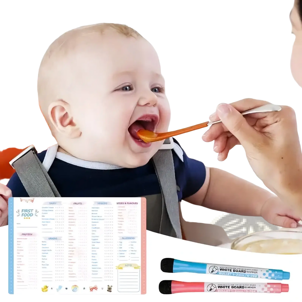 Orange silicone spoon being fed to a baby as part of the magnetic baby first foods chart and feeding tracker use-case