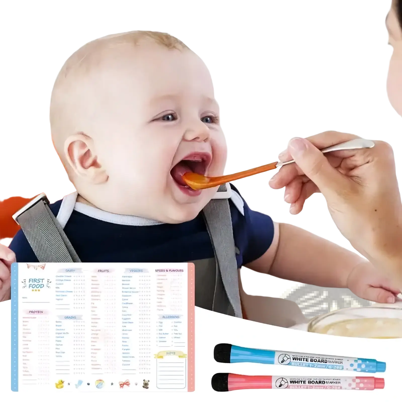 Orange silicone spoon being fed to a baby as part of the magnetic baby first foods chart and feeding tracker use-case