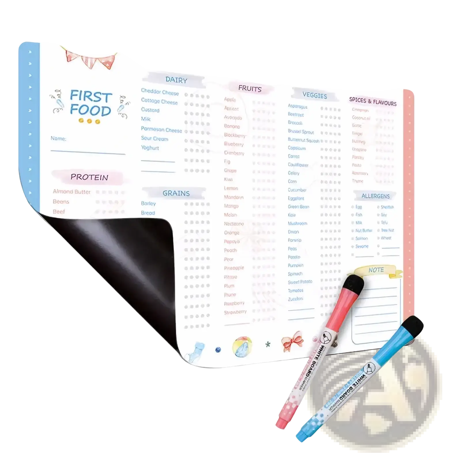 Pastel-colored magnetic baby first foods chart with labeled sections for dairy fruits veggies protein grains and spices