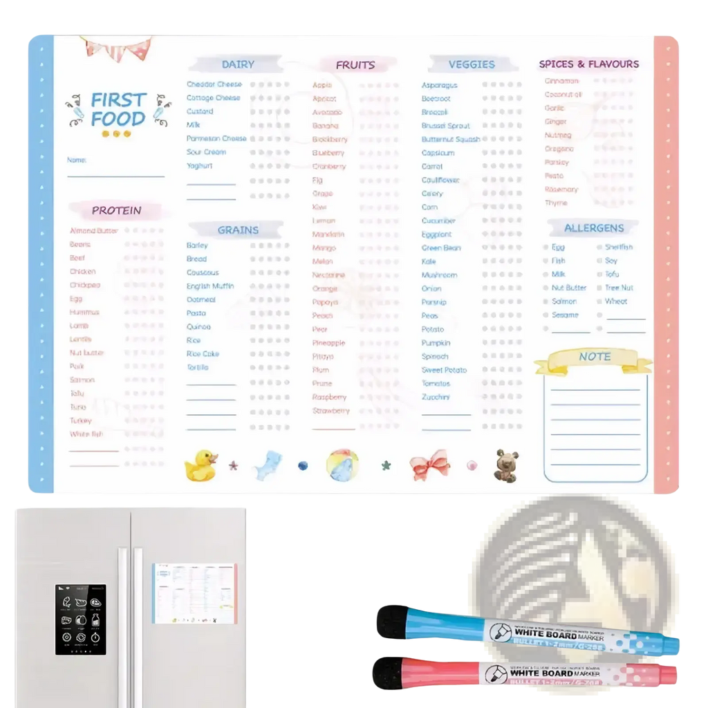 Pastel-colored magnetic baby first foods chart and feeding tracker with cute animal illustrations and star checkboxes