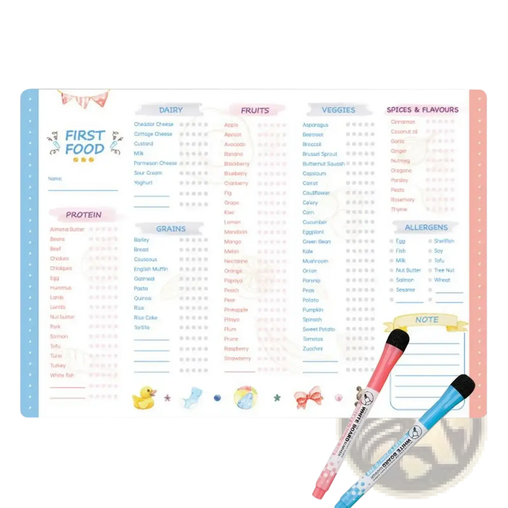 Magnetic baby first foods chart and feeding tracker with pastel colors, cute illustrations, and two pink and blue marker pens
