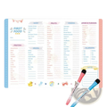 Magnetic baby first foods chart and feeding tracker with pastel colors, cute illustrations, and two pink and blue marker pens