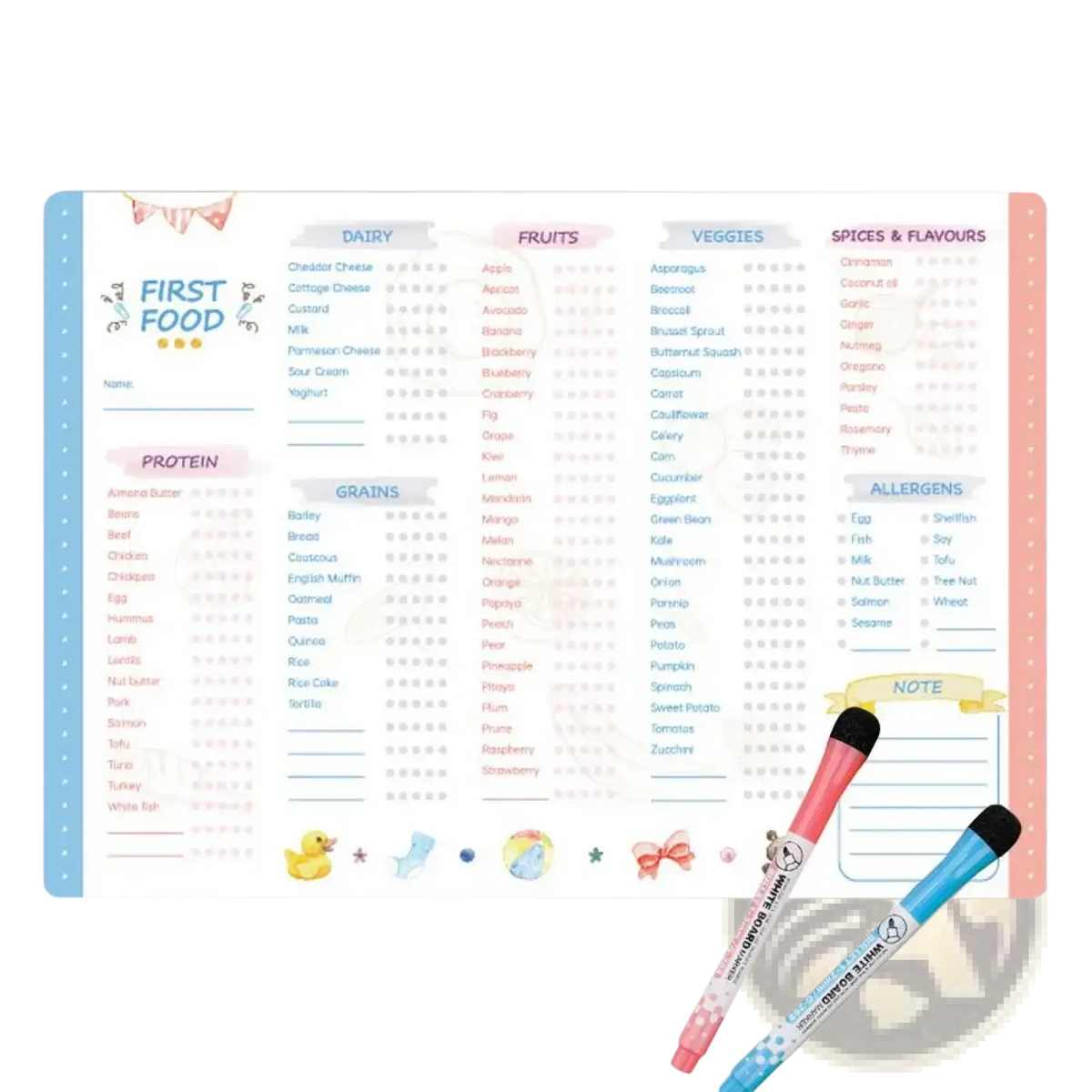 Magnetic baby first foods chart and feeding tracker with pastel colors, cute illustrations, and two pink and blue marker pens