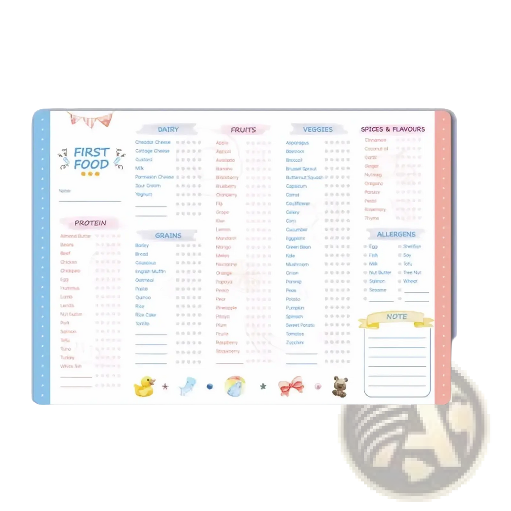Magnetic baby first foods chart and feeding tracker in pastel pink and light blue with star ratings and animal illustrations
