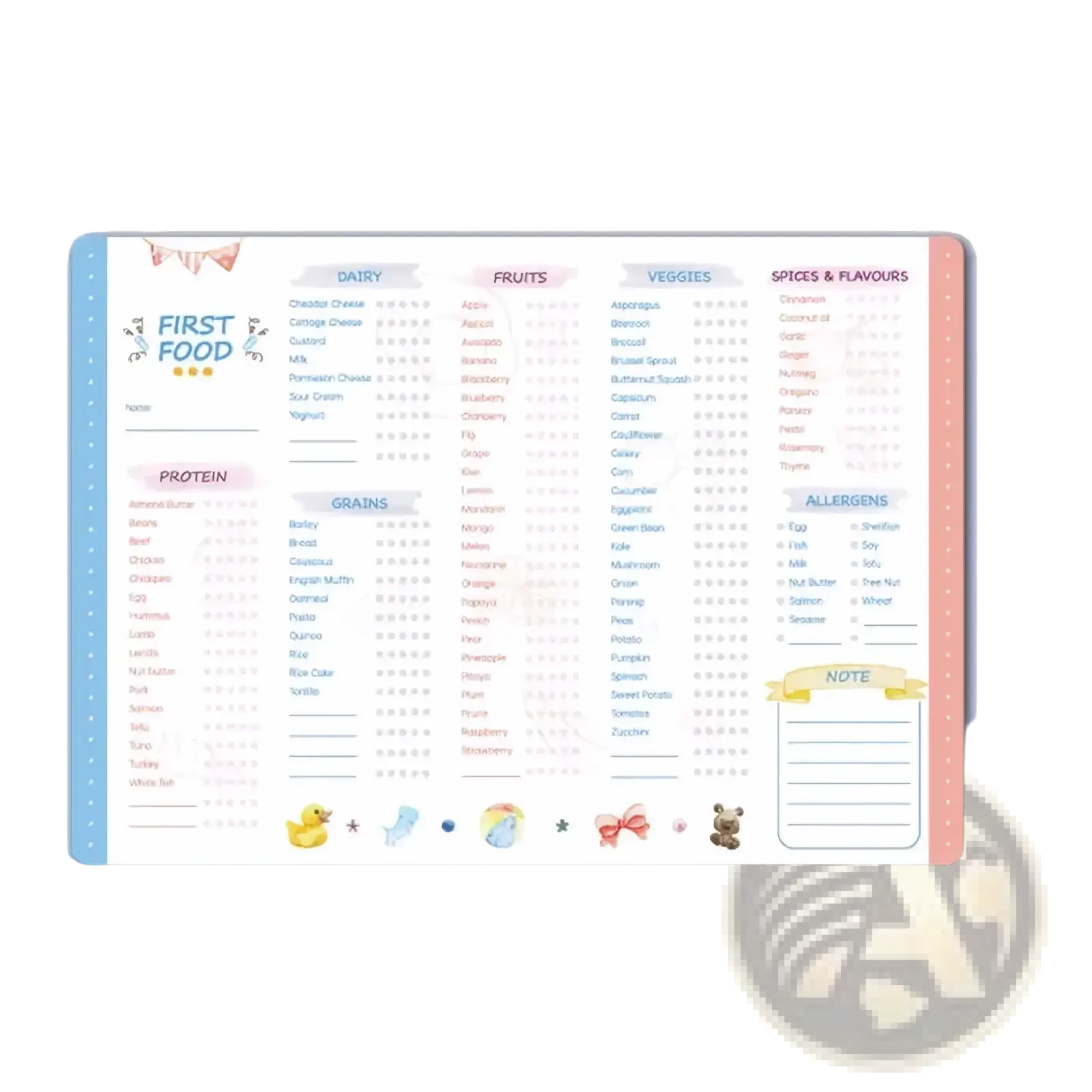 Magnetic baby first foods chart and feeding tracker in pastel pink and light blue with star ratings and animal illustrations