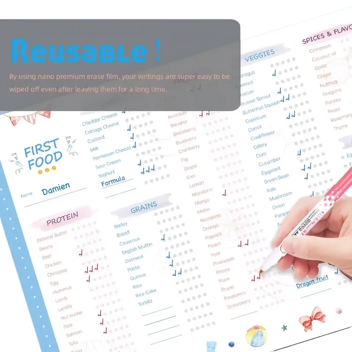 A pink and white fine tip marker writing on a reusable transparent magnetic baby first foods chart and feeding tracker