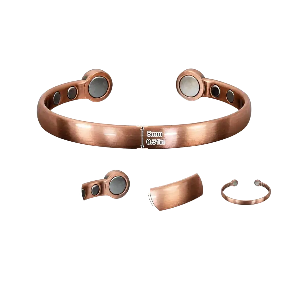 Copper-colored zinc alloy 1pc magnetic bangle with embedded circular magnets and a smooth textured open cuff design