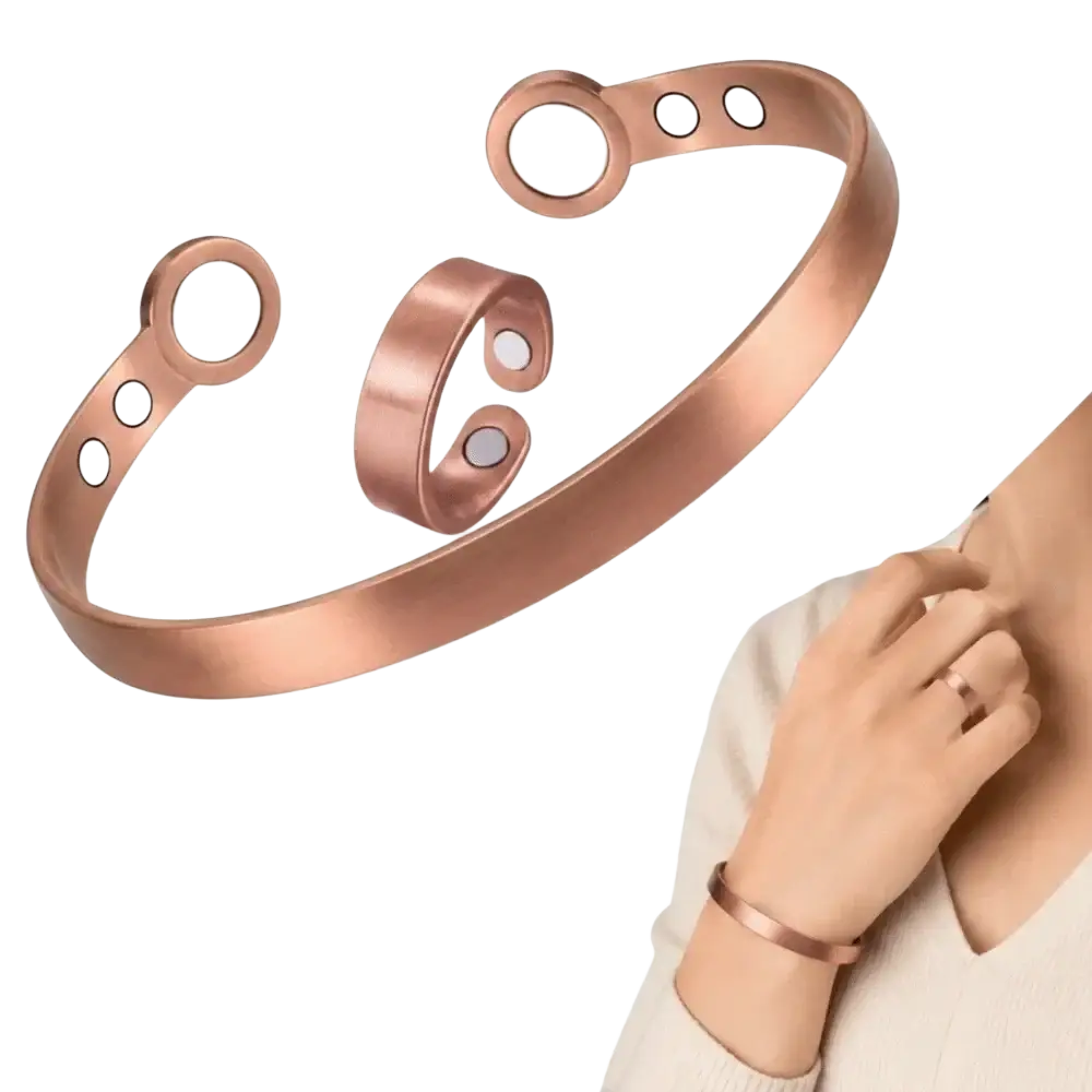 Rose gold zinc alloy magnetic bangle bracelet featuring 1pc magnetic circular and oval-shaped embedded magnets