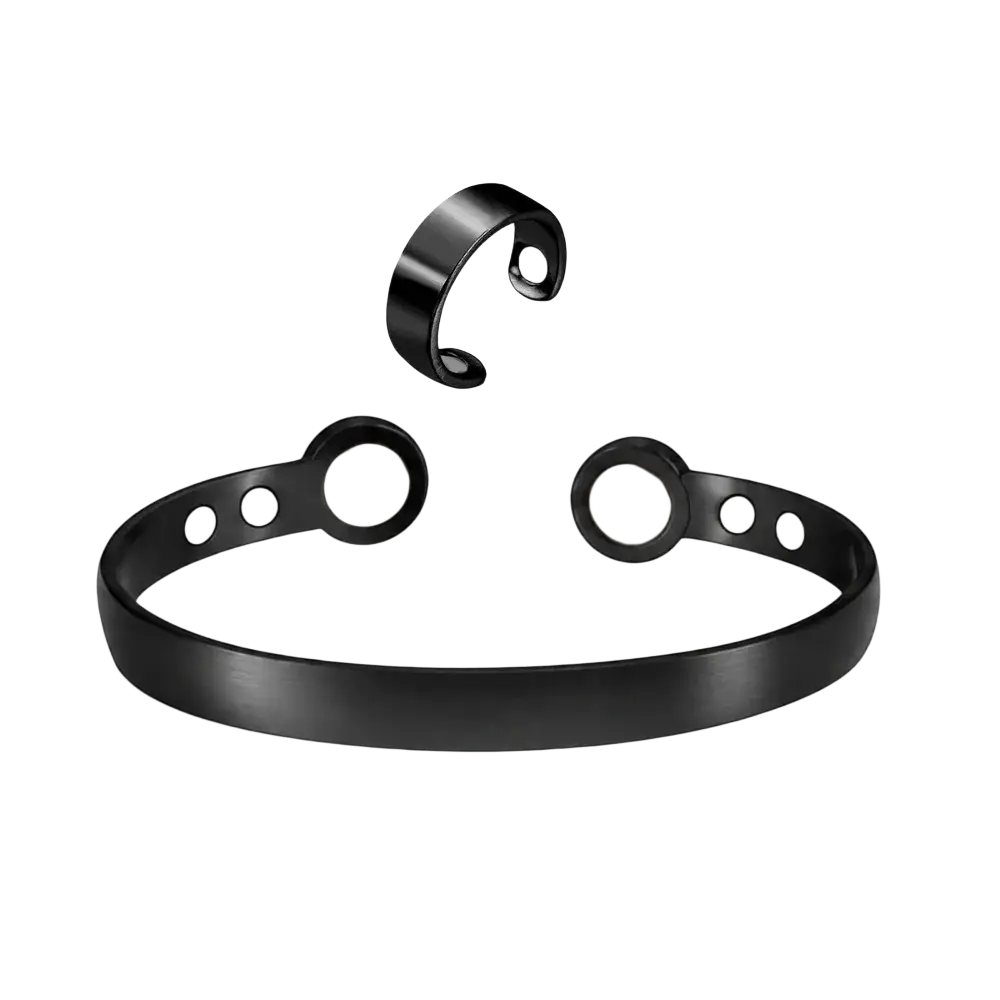 Black zinc alloy magnetic bangle with smooth finish and circular magnet accents for magnetic therapy use