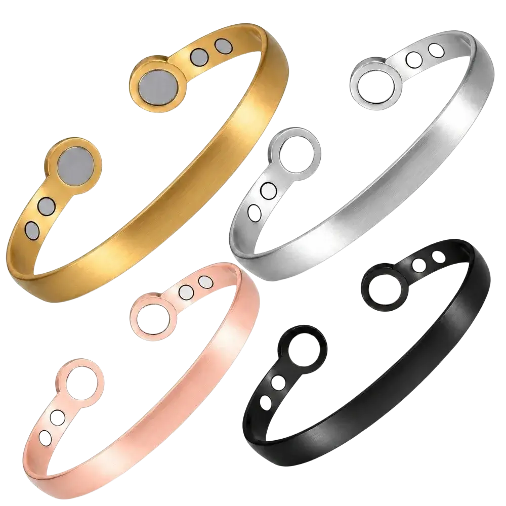 Magnetic bangles zinc alloy therapy bracelet in gold silver rose gold and black with circular 1pc magnetic designs and sleek finish