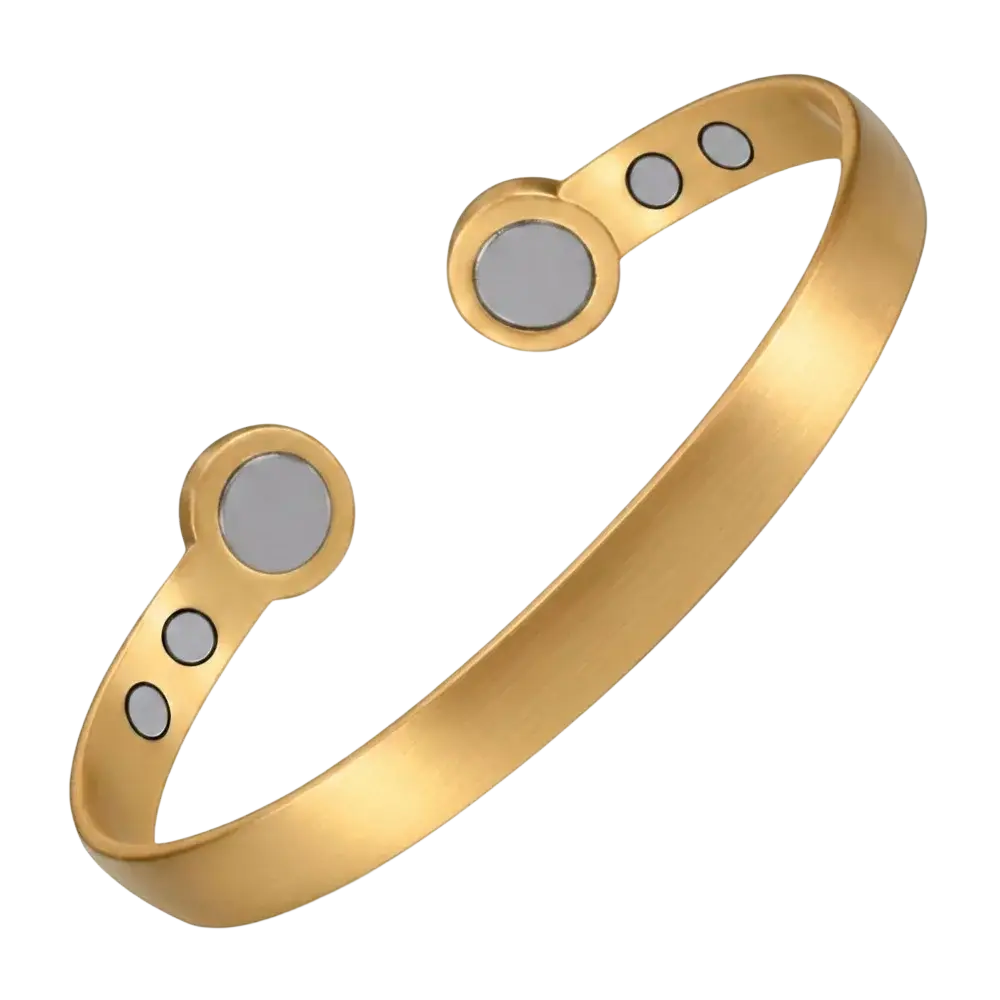 Gold-toned zinc alloy magnetic bangles with 1pc magnetic therapy bracelet featuring three circular gray inlays per side