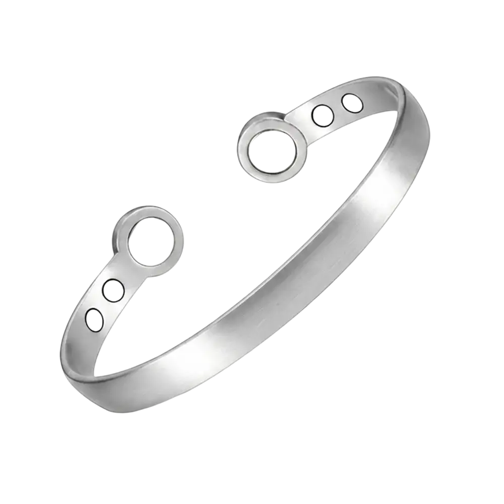 Silver zinc alloy magnetic bangles therapy bracelet with two circular ends featuring embedded magnets and engraved circles