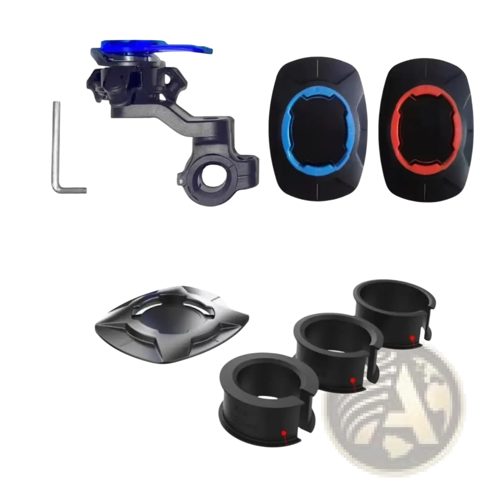 Black plastic magnetic bike phone mount with blue adjustment knob and matching black and blue circular holders