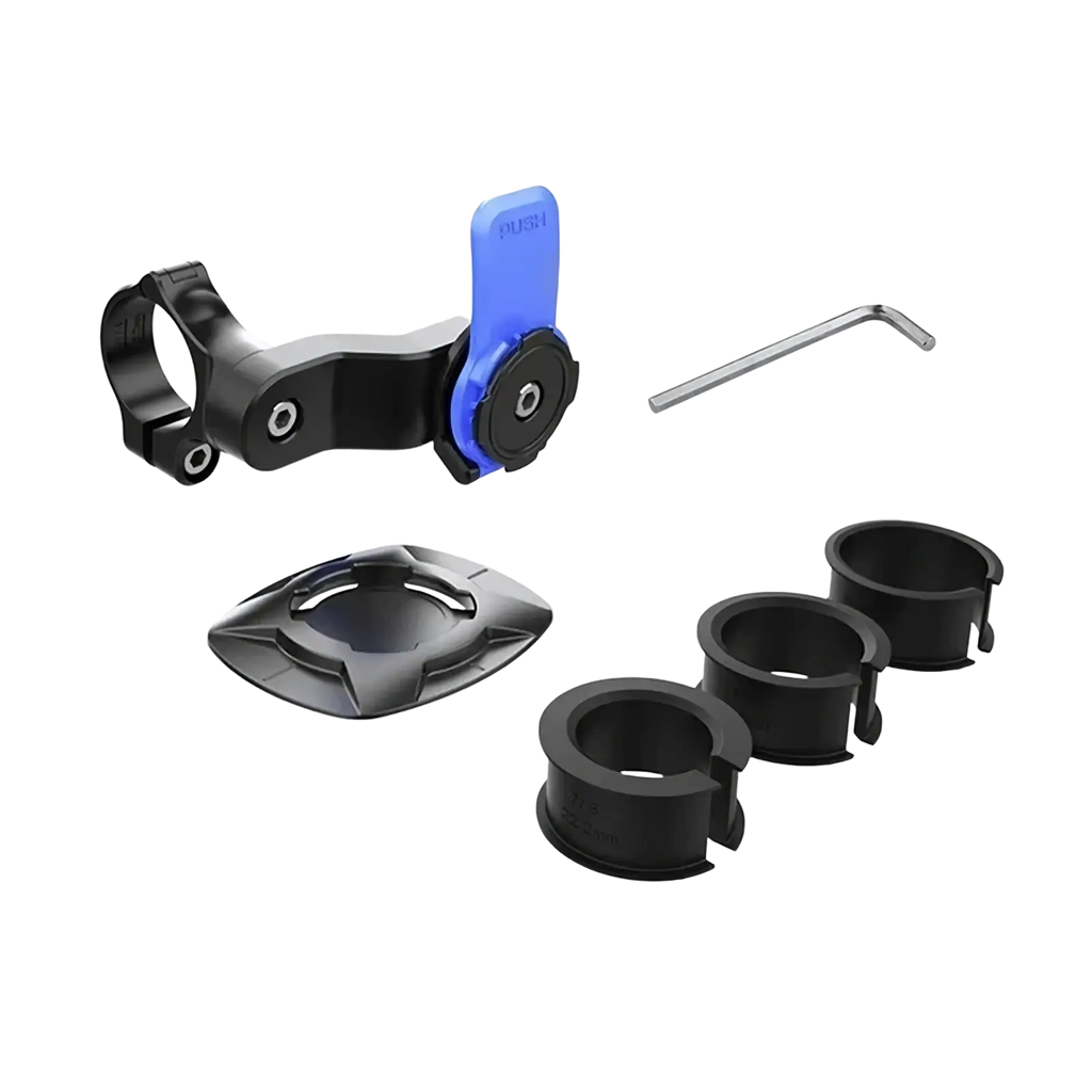 Black magnetic bike phone mount handlebar gps holder with blue push-button and included accessories displayed