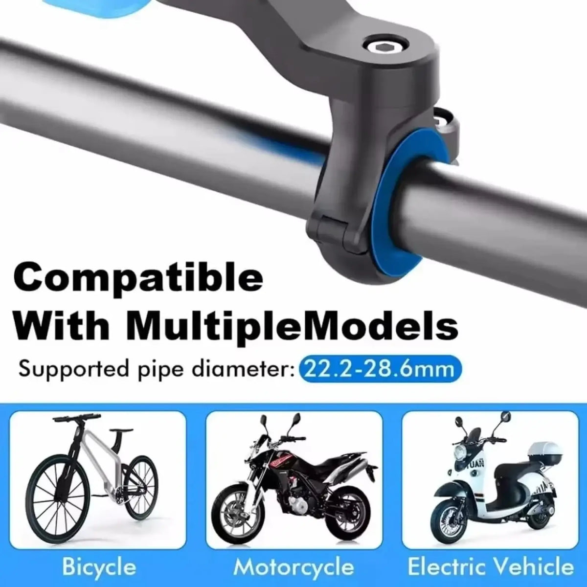 Black and blue adjustable magnetic bike phone mount handlebar clamp for bicycles motorcycles or electric vehicles