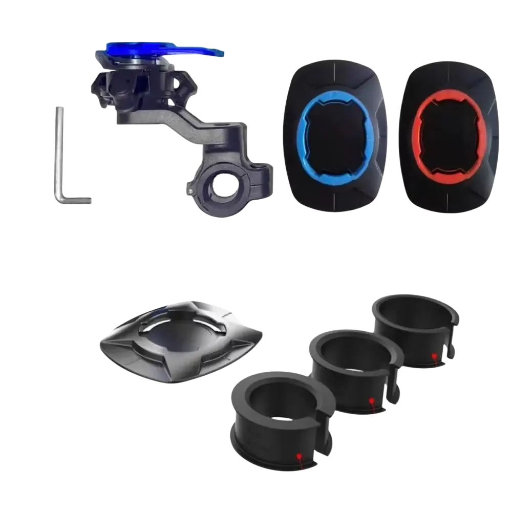 Black plastic magnetic bike phone mount with blue adjustment knob and matching black and blue circular holders
