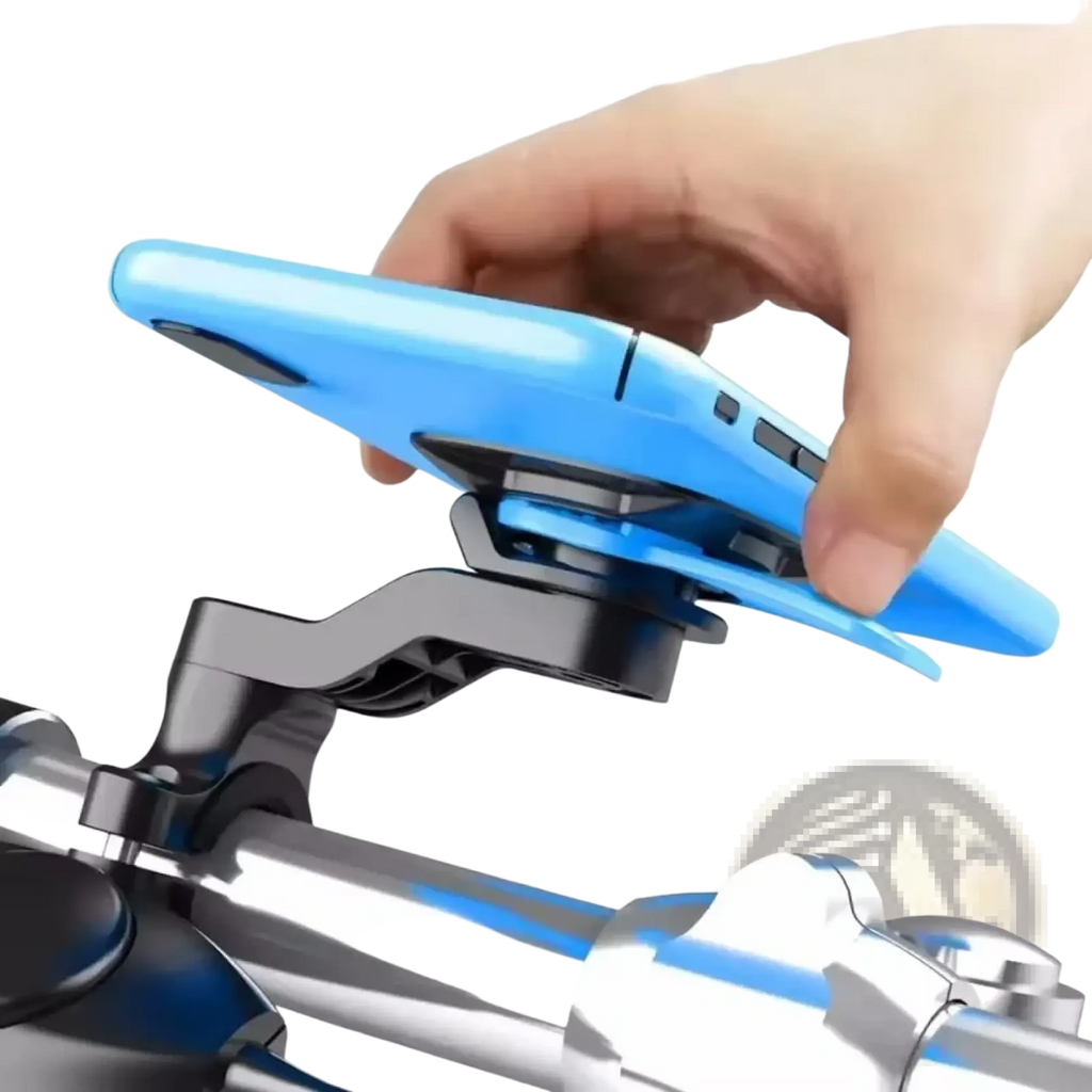 Blue smartphone mounted on a black magnetic bike phone mount universal handlebar gps holder for secure placement