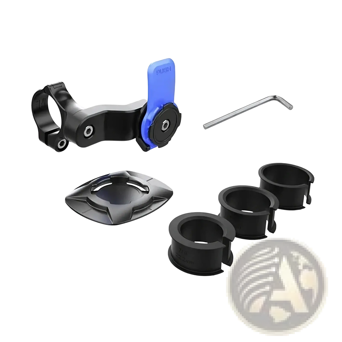 Black magnetic bike phone mount handlebar gps holder with blue push-button and included accessories displayed