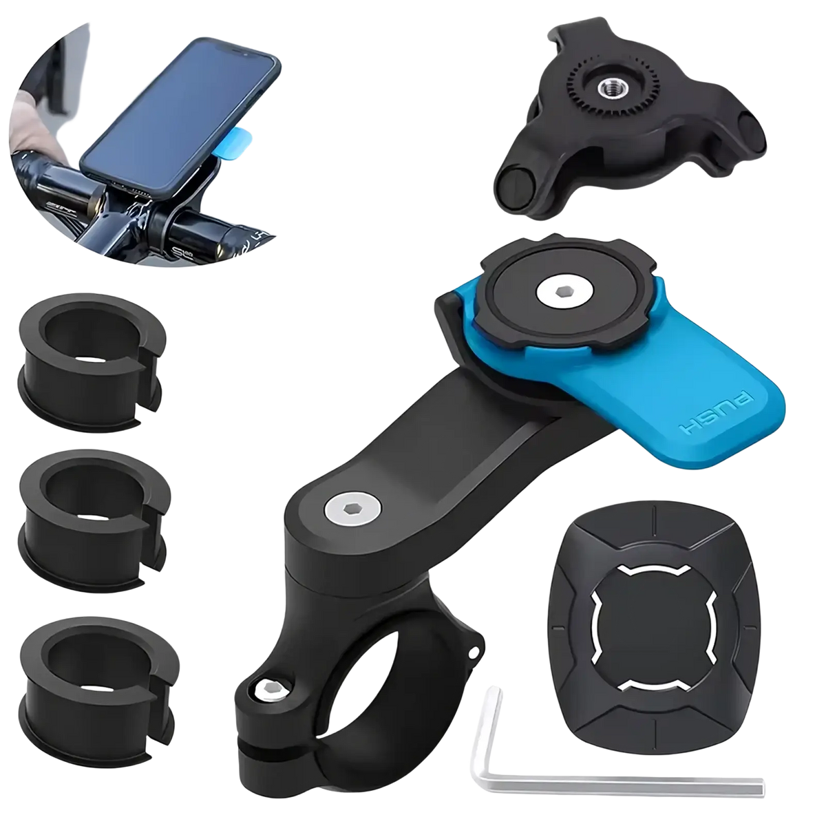 Magnetic bike phone mount universal handlebar gps holder in blue and black with shock absorber for secure grip
