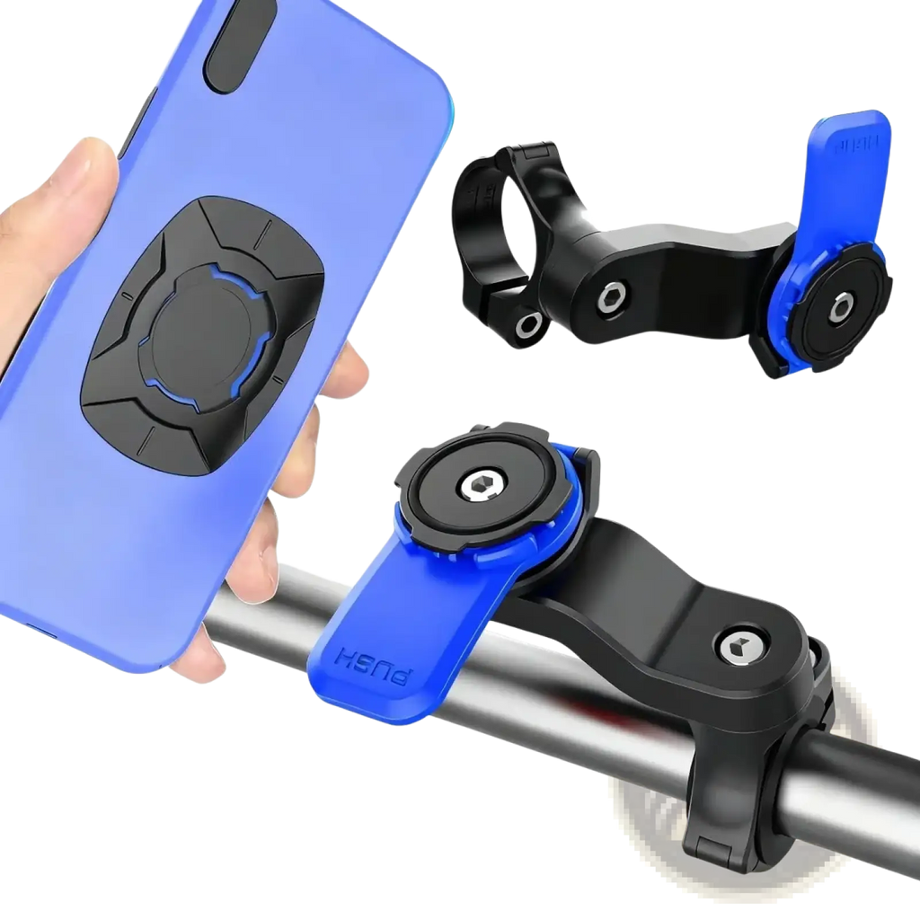 Blue and black magnetic bike phone mount with hend engraving on the base for universal handlebar GPS holder use