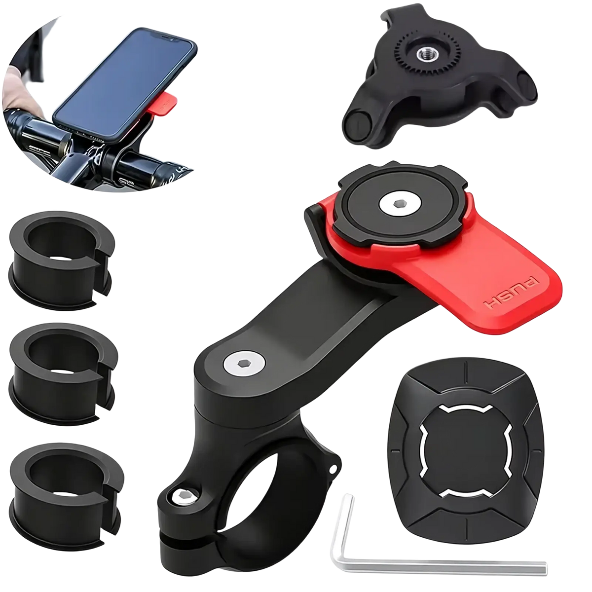 Red and black magnetic bike phone mount with shock absorber for universal handlebar gps holder use