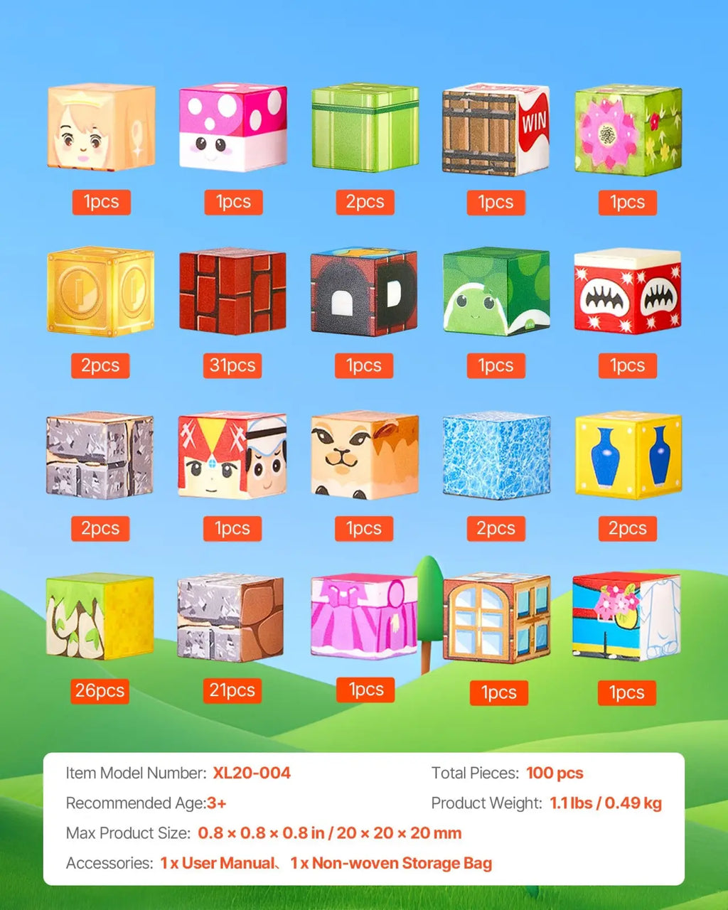 A set of 100 colorful magnetic paper cubes featuring cartoon faces animals and objects for creative stem play