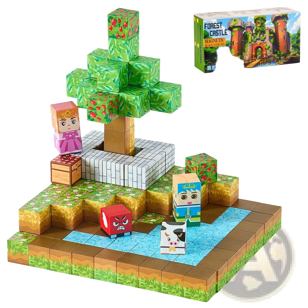 Magnetic blocks 100pc mario stem building toy set with colorful minecraft-themed magnetic forest castle and figures