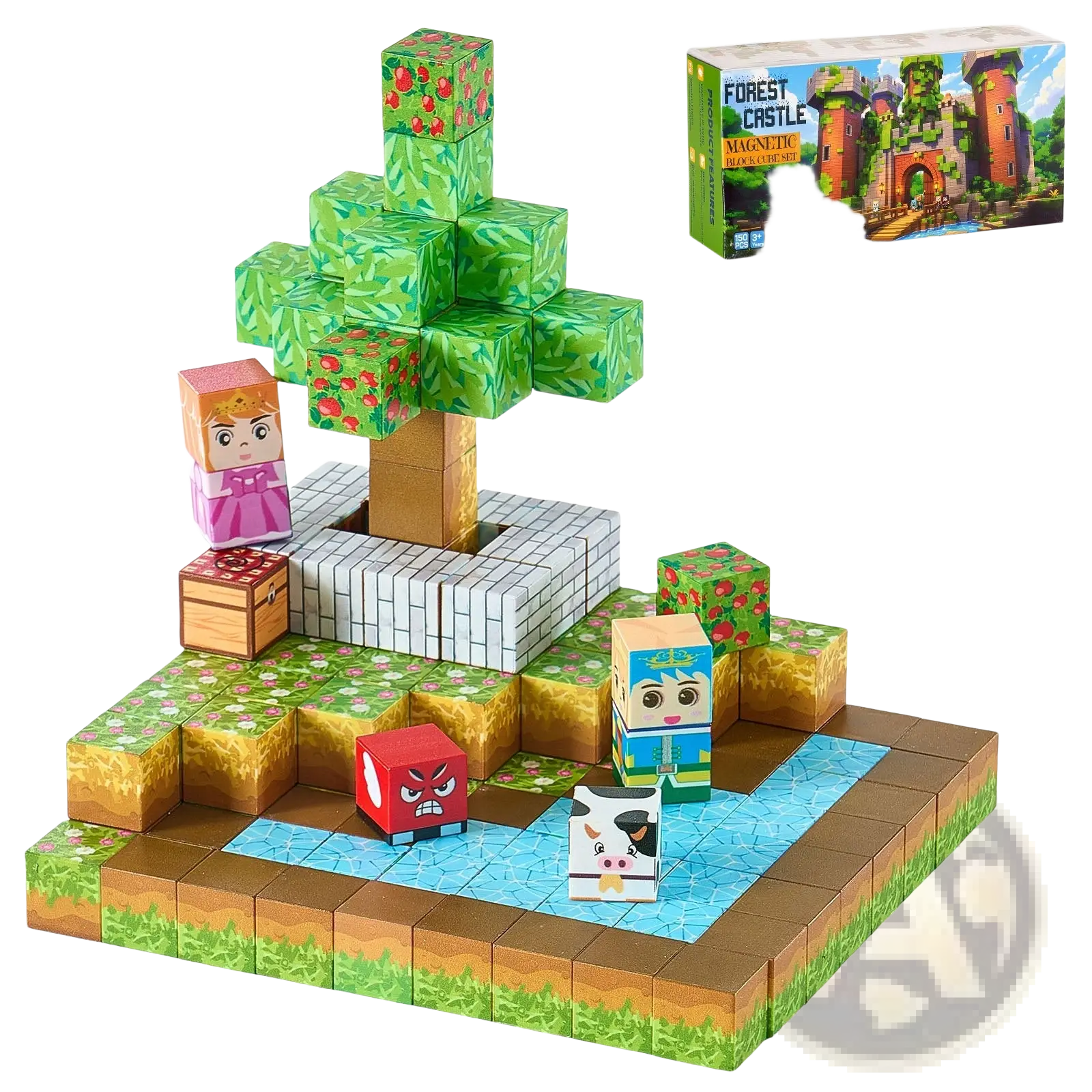 Magnetic blocks 100pc mario stem building toy set with colorful minecraft-themed magnetic forest castle and figures