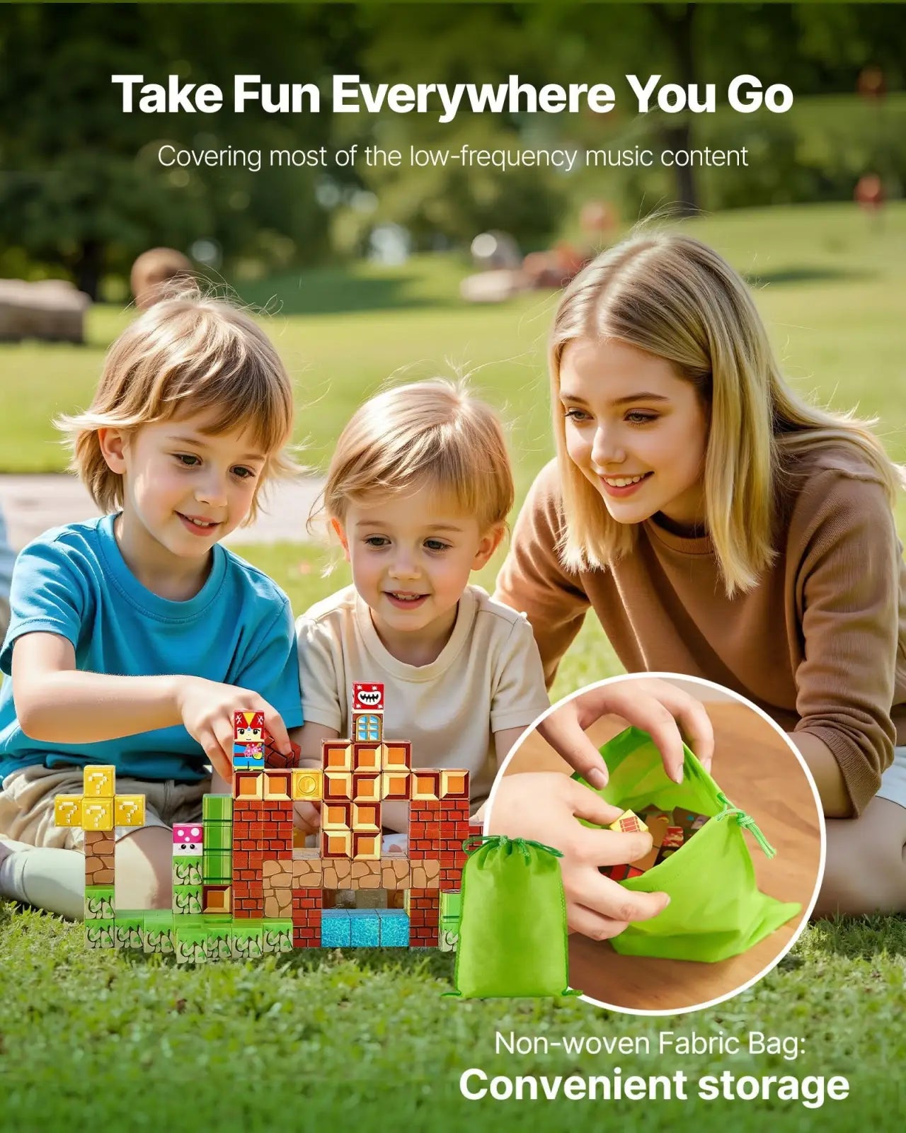 Green non-woven fabric storage bag with drawstring closure for magnetic blocks 100pc mario stem building toy set