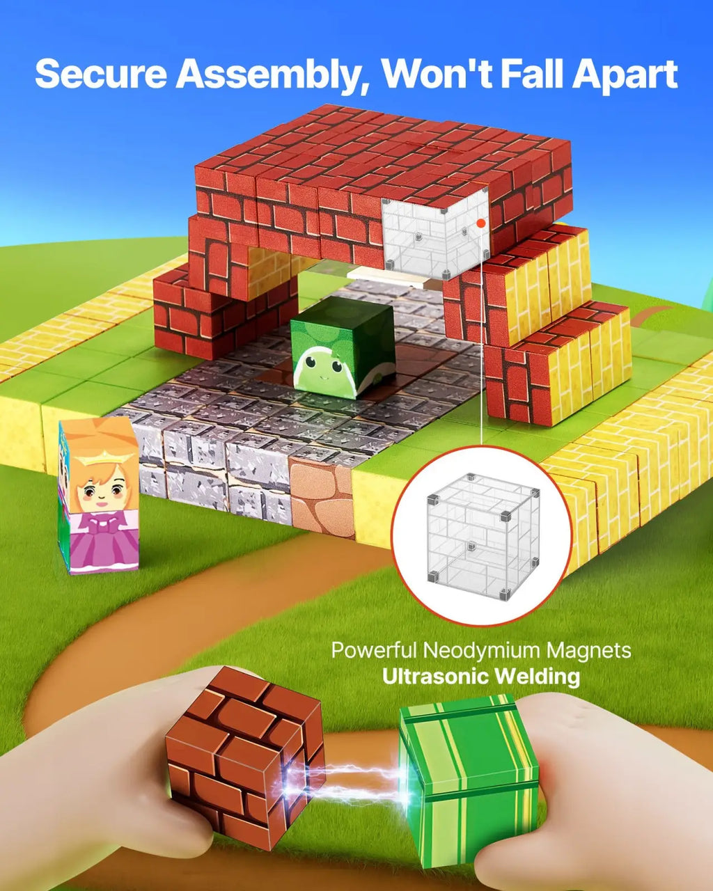Red and green magnetic plastic building blocks featuring a cartoon character design from Mario stem building toy set