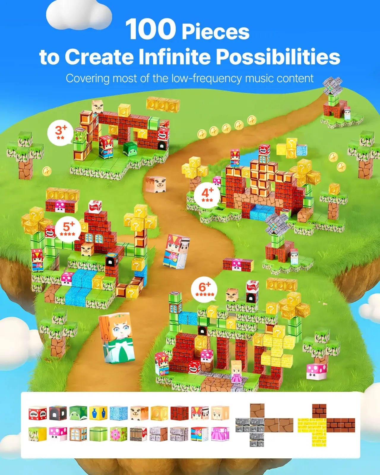 Magnetic blocks 100pc mario stem building toy set with colorful pixelated red green blue yellow and brown minecraft-style blocks