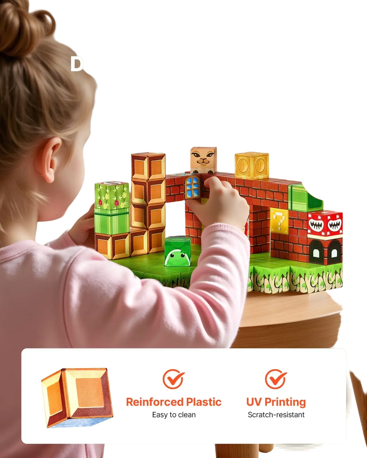 Colorful reinforced plastic magnetic blocks featuring uv-printed super mario characters and themed structures for stem play