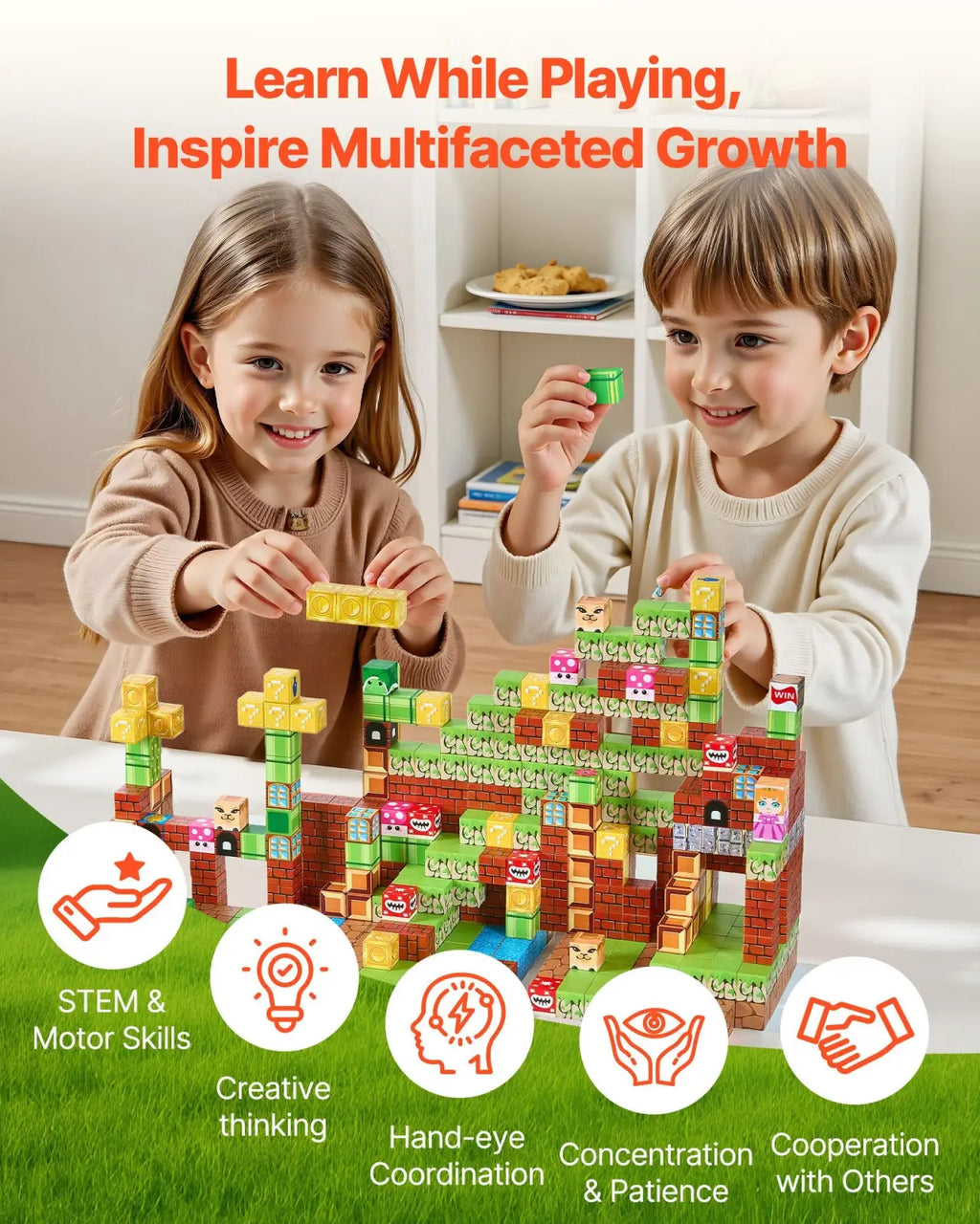 Magnetic blocks 100pc mario stem building toy set featuring colorful interlocking multi-toned plastic blocks