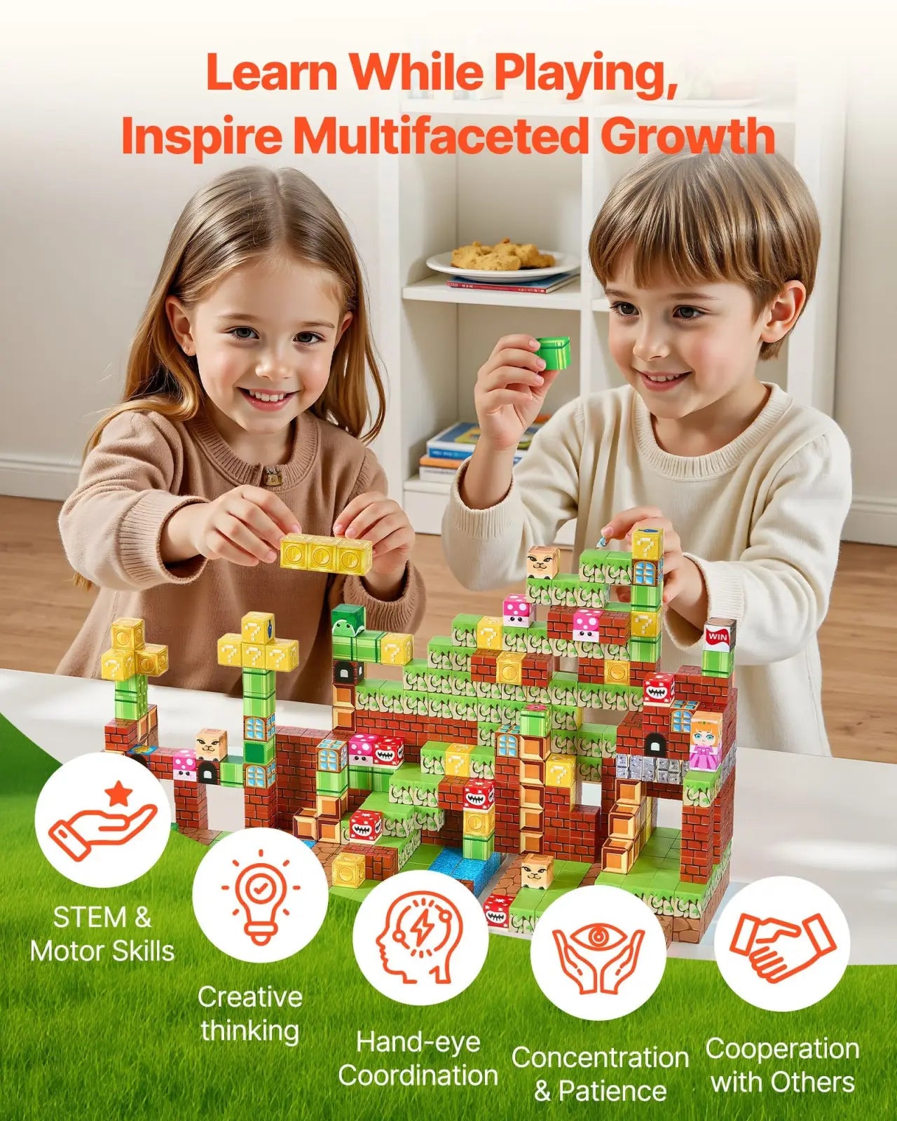 Magnetic blocks 100pc mario stem building toy set featuring colorful interlocking multi-toned plastic blocks